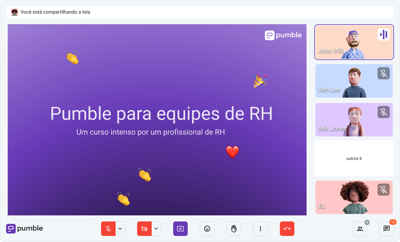Use o compartilhamento de tela do Pumble para realizar apresentações internas e para clientes.