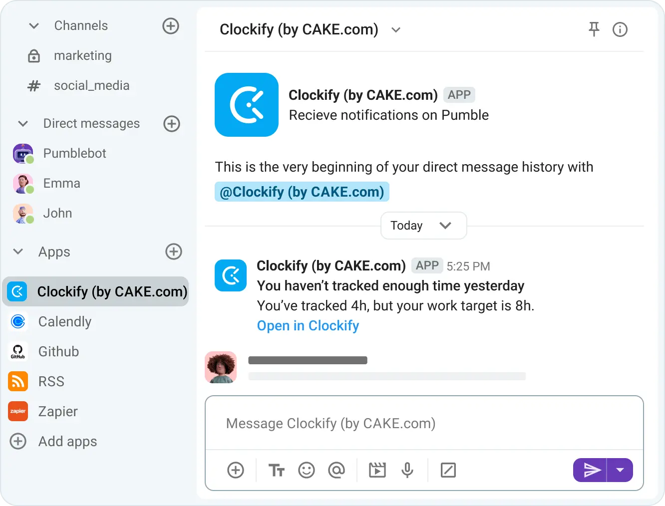 Clockify notification in Pumble