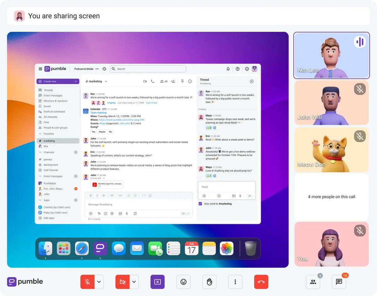 Collaborate in real-time with up to 50 people on Pumble’s group meetings