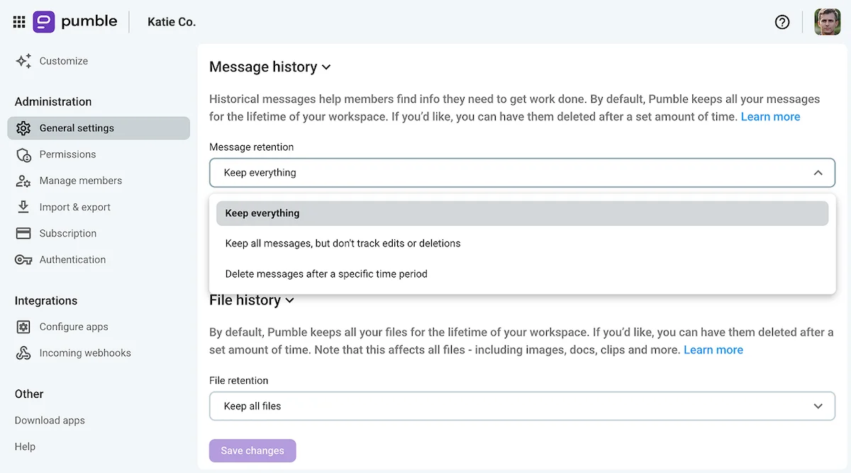 Customize message and files retention settings on Pumble, the team communication app