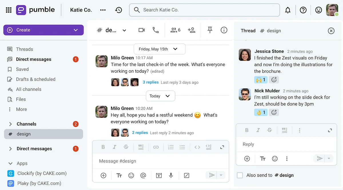 Daily stand-ups in a team channel on Pumble, the business messaging app