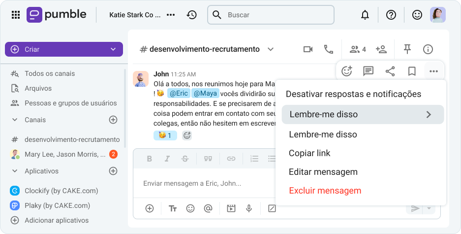 Configurar um lembrete de mensagem no Pumble