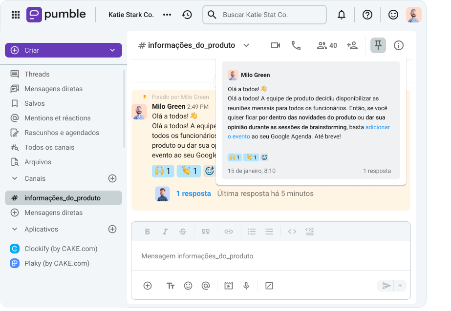 Uma mensagem fixada no Pumble, um aplicativo de mensagem empresarial