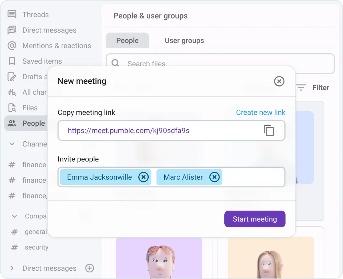 Invite internal and external collaborators to the meeting with Pumble’s meeting links