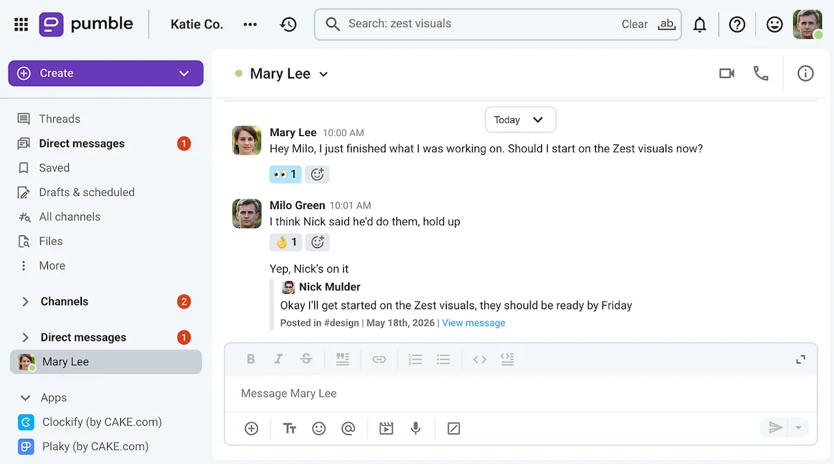 Milo’s quick search through Pumble eliminated the need for duplicate work