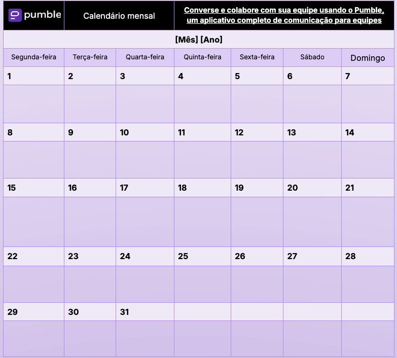 Modelo de calendário mensal no Google Documentos
