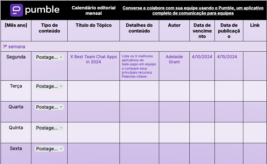 Modelo de calendário mensal para planejamento de projetos nas Google Planilhas