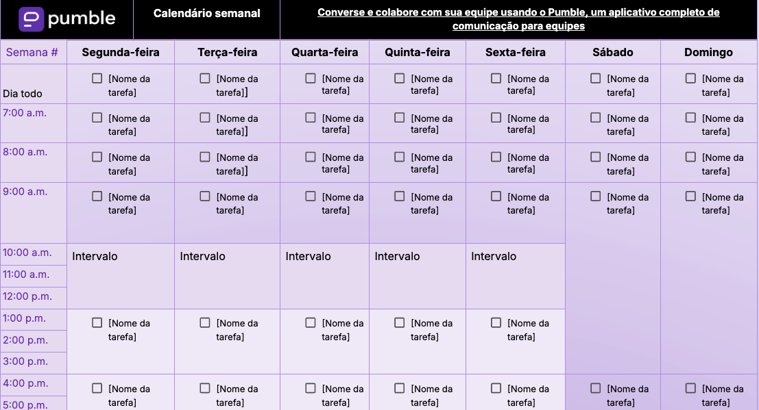 Modelo de calendário editorial mensal no Google Documentos