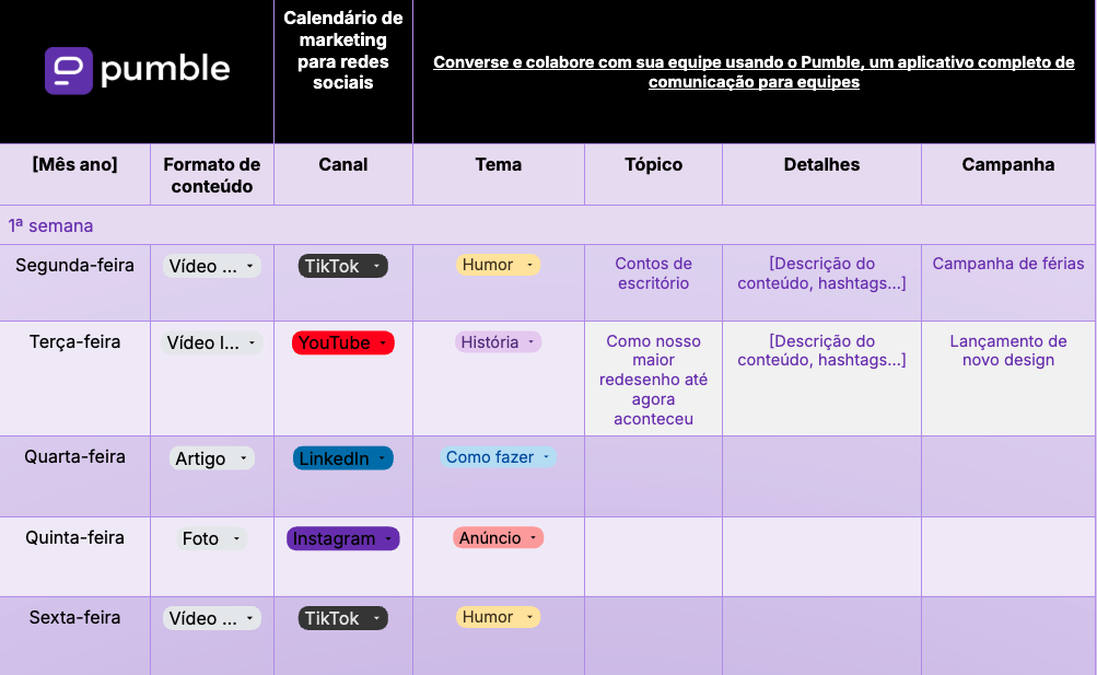 Modelo de calendário de marketing de mídia social no Google Documentos