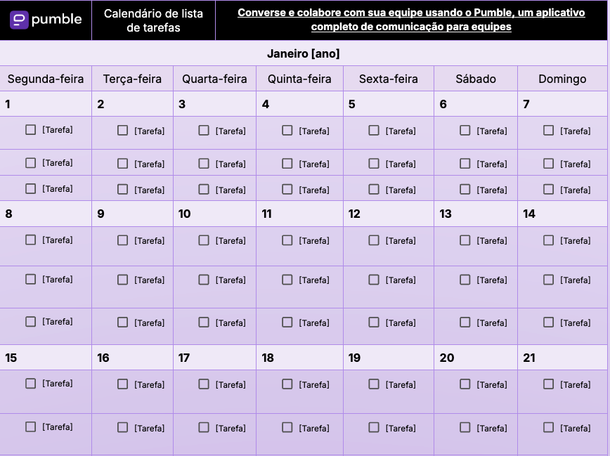 Modelo de calendário de lista de tarefas no Google Planilhas