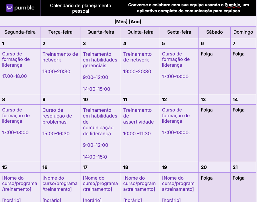 Modelo de calendário de planejamento pessoal no Google Documentos