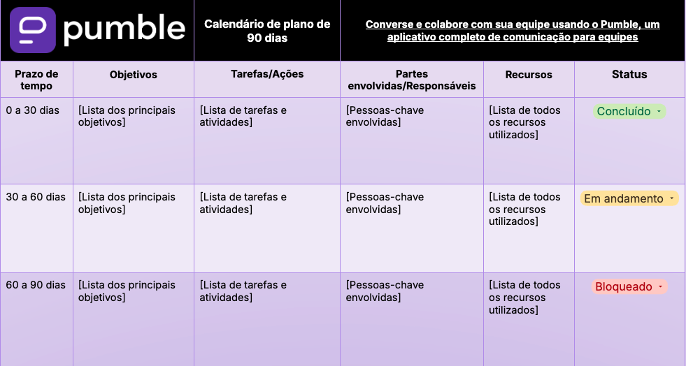 Modelo de calendário de planejamento de 90 dias no Google Planilhas