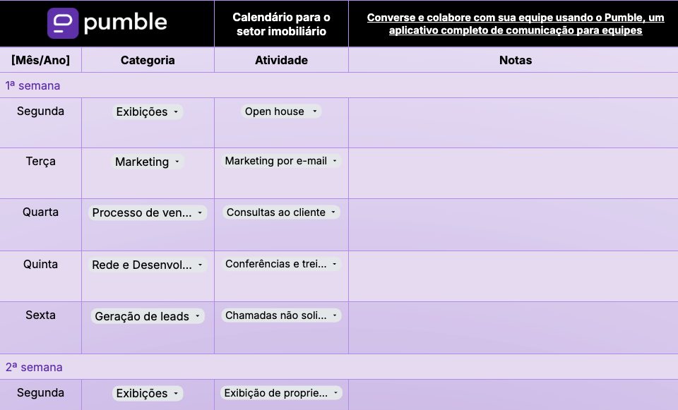 Modelo de calendário imobiliário nas Google Planilhas