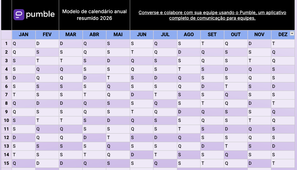 Modelo de calendário anual resumido no Google Planilhas