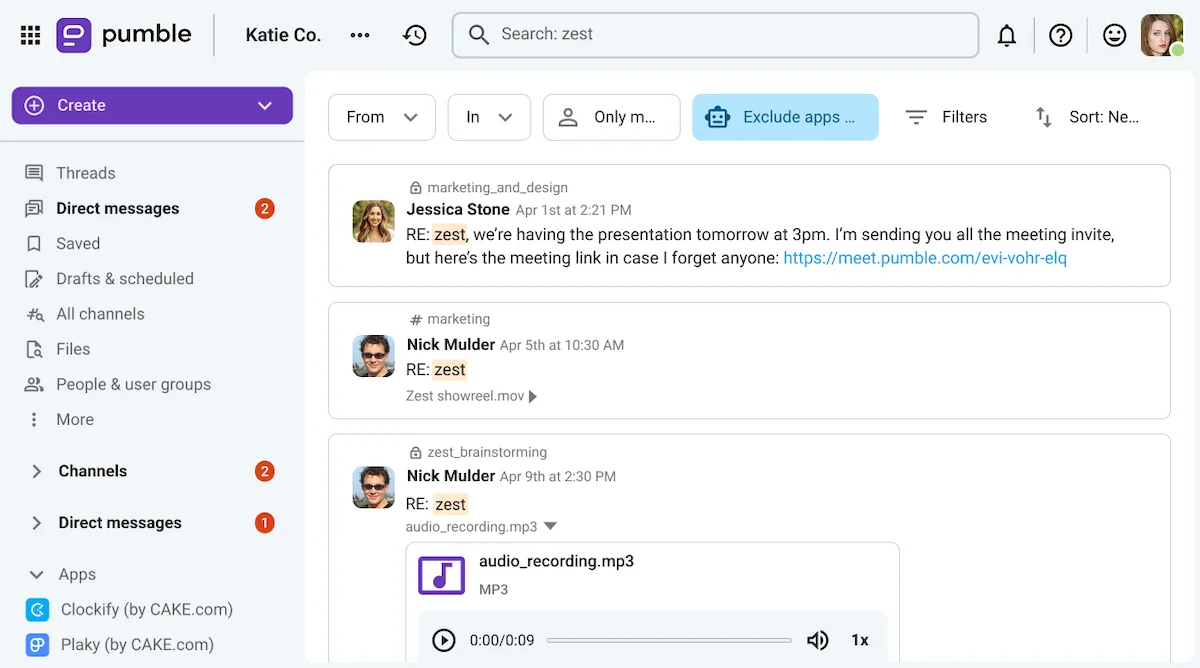 Search for all messages that mention a specific client on Pumble, the team communication app