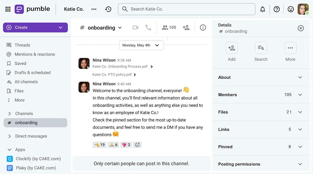 Setting up an #onboarding channel with restricted posting permissions lets you manage the messages you send to new employees on Pumble 