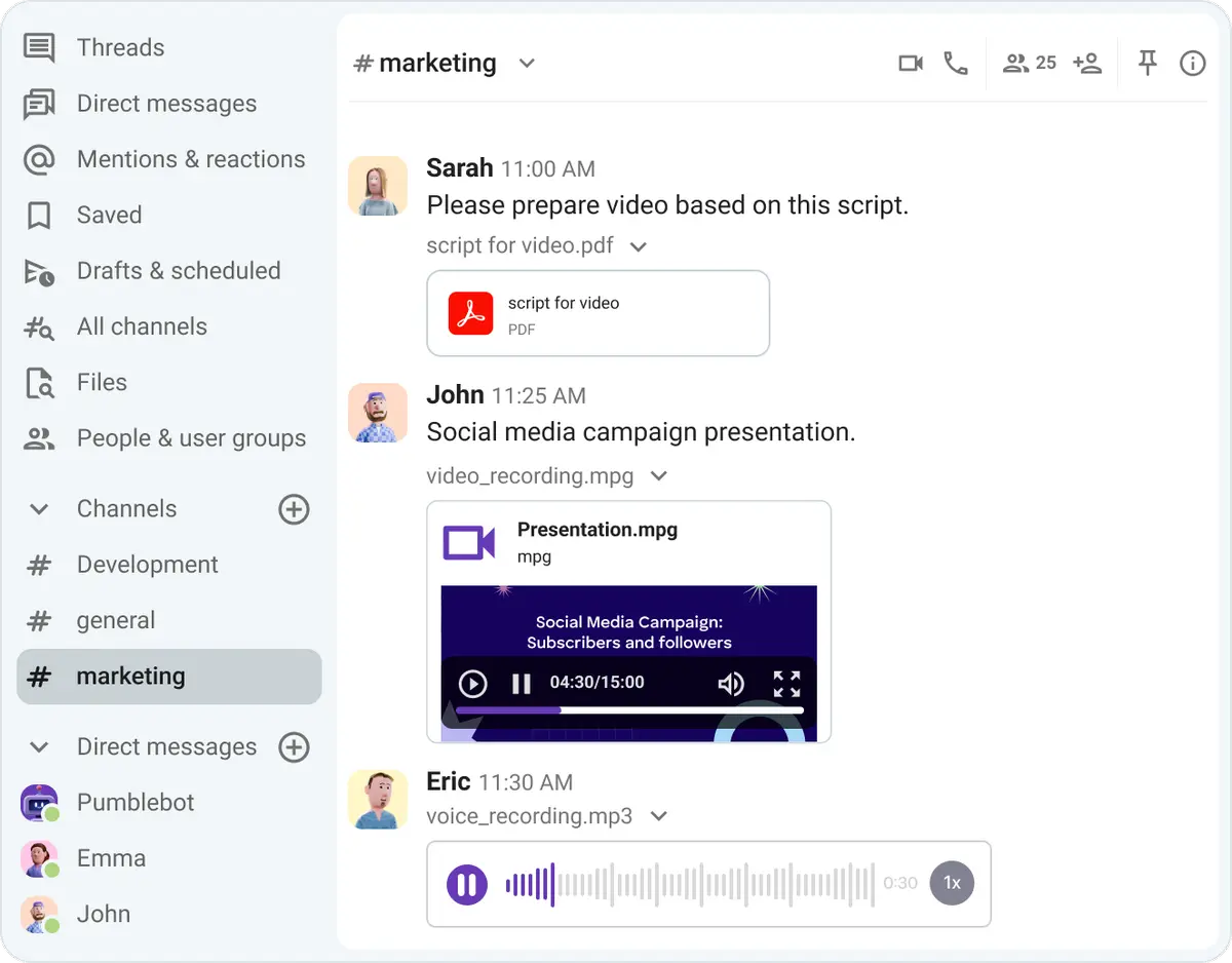Share files, documents, video and voice messages, and more