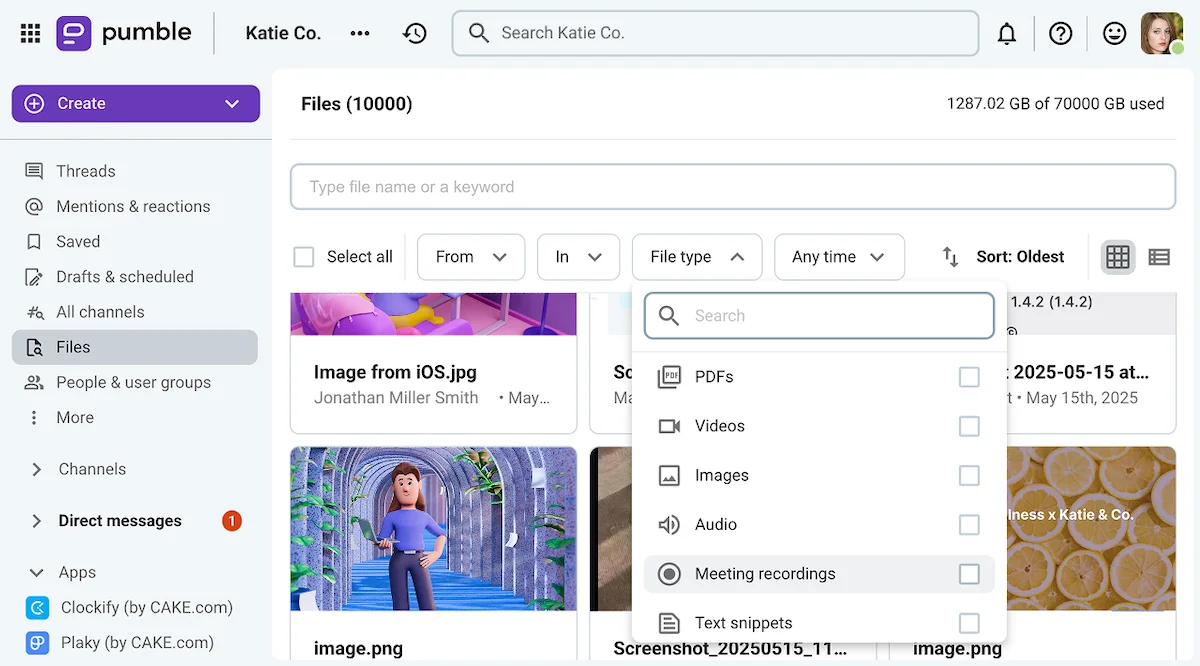 The file type filters in the Files search on Pumble, the business messaging app