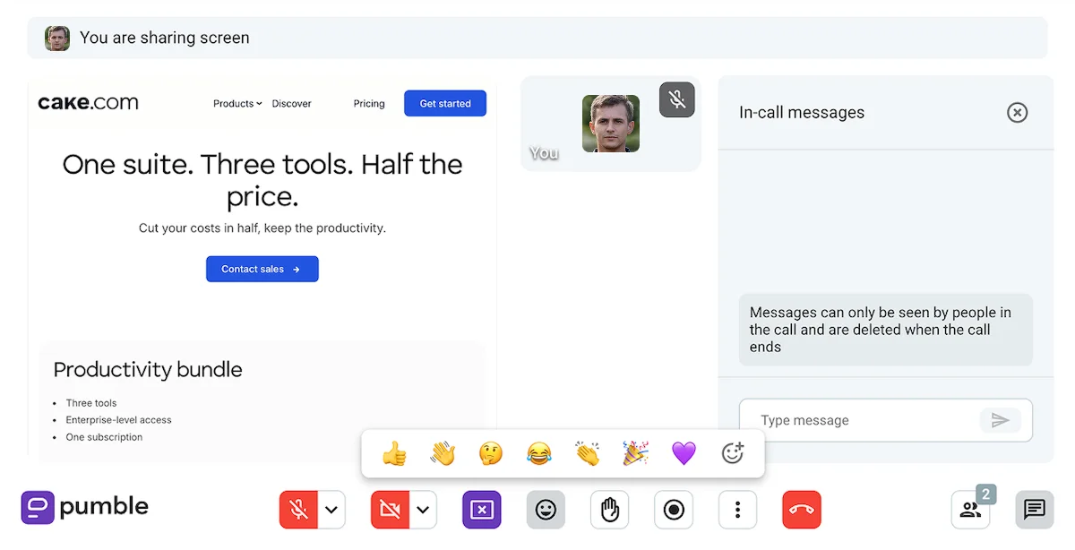 Video conferencing in Pumble, a team communication app