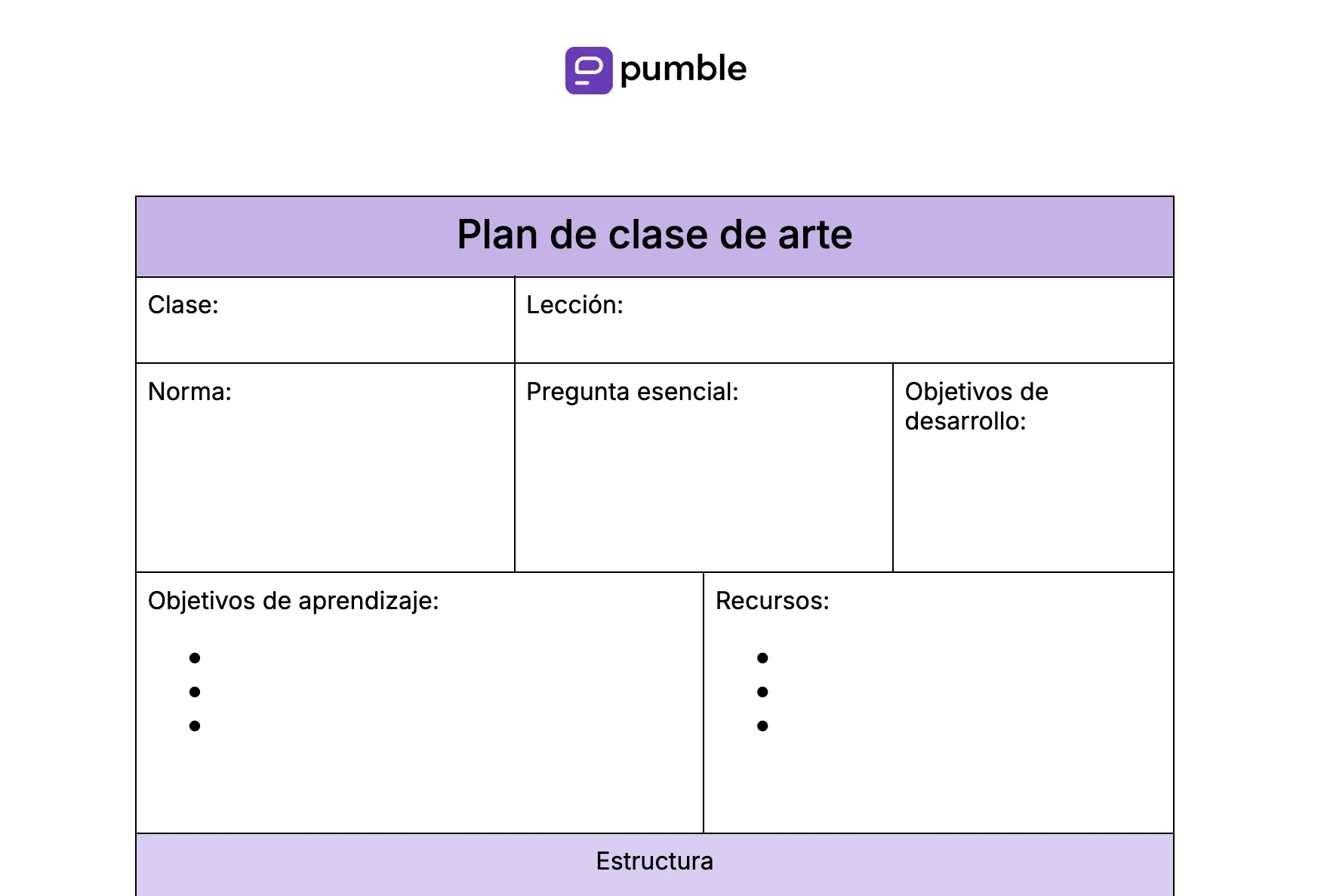 Plantilla de plan de clase de arte