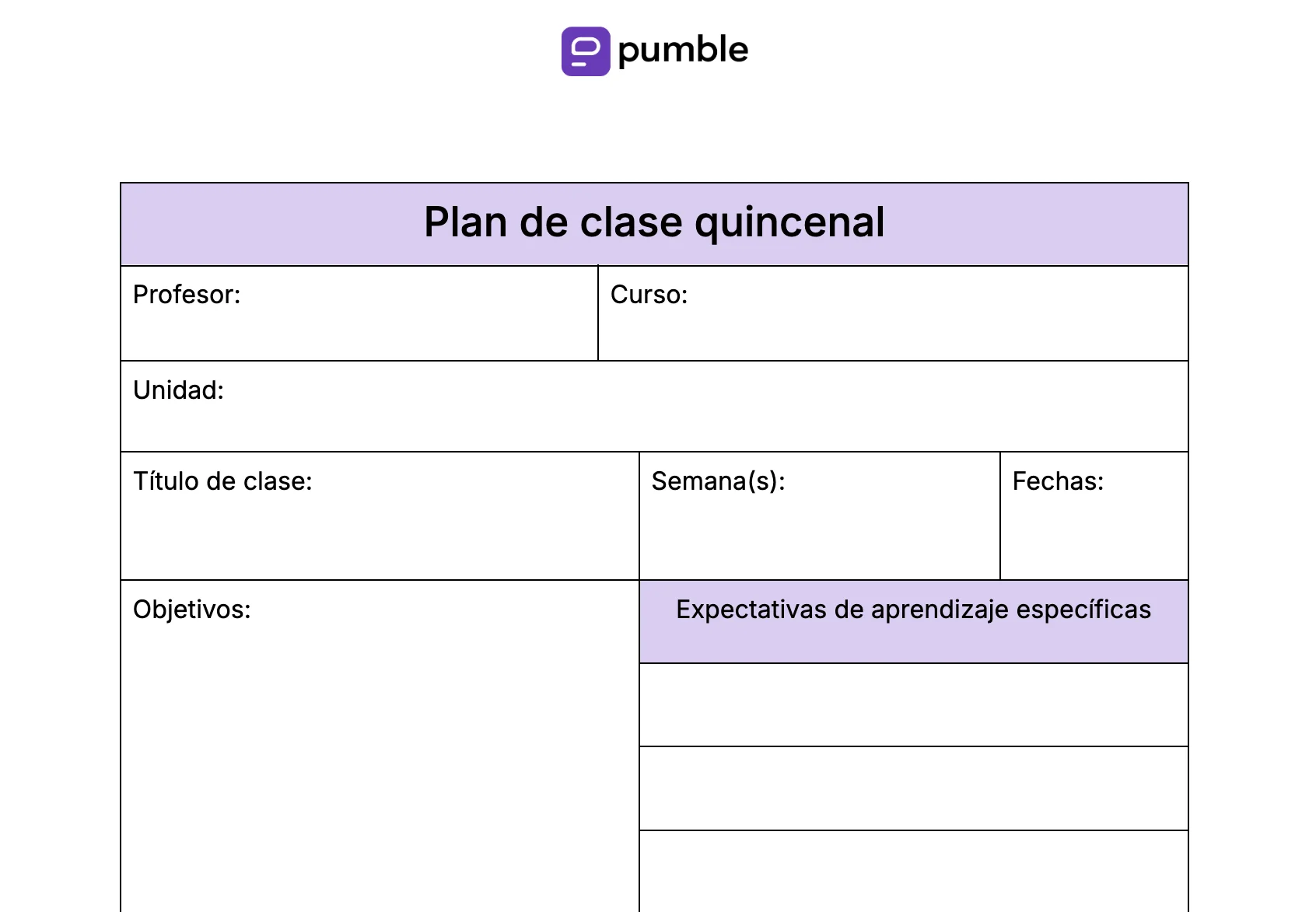 Plantilla de plan de clase quincenal