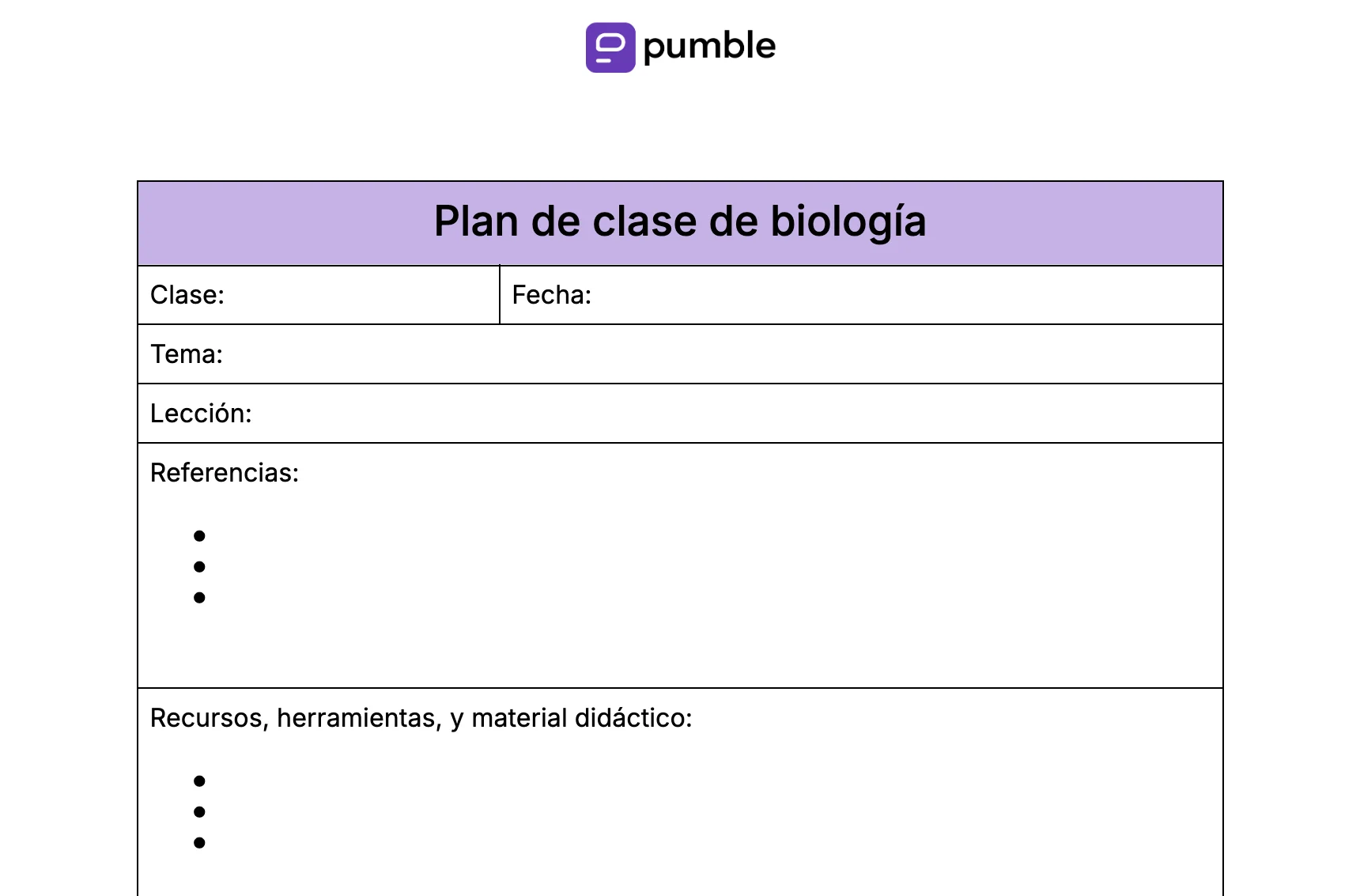 Plantilla de plan de clase de biología