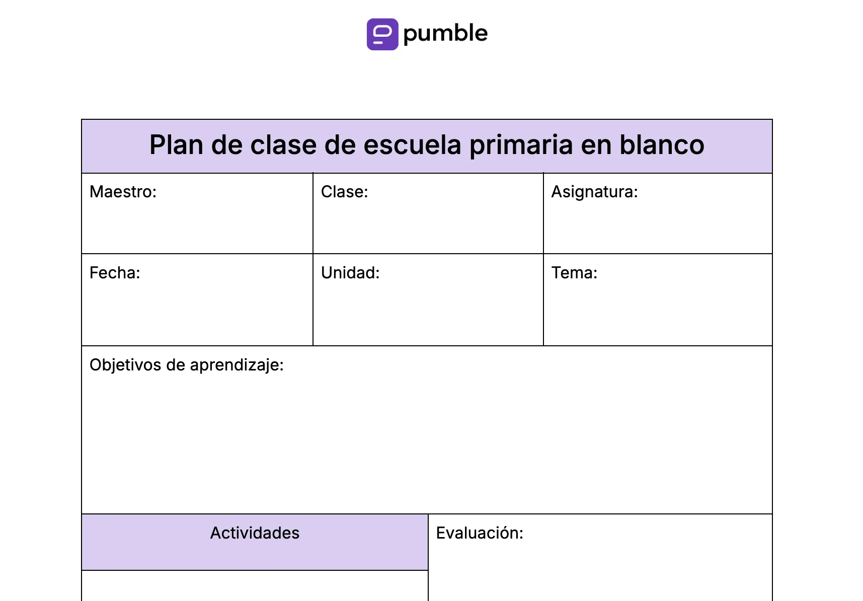 Plantilla de plan de clase de escuela primaria en blanco