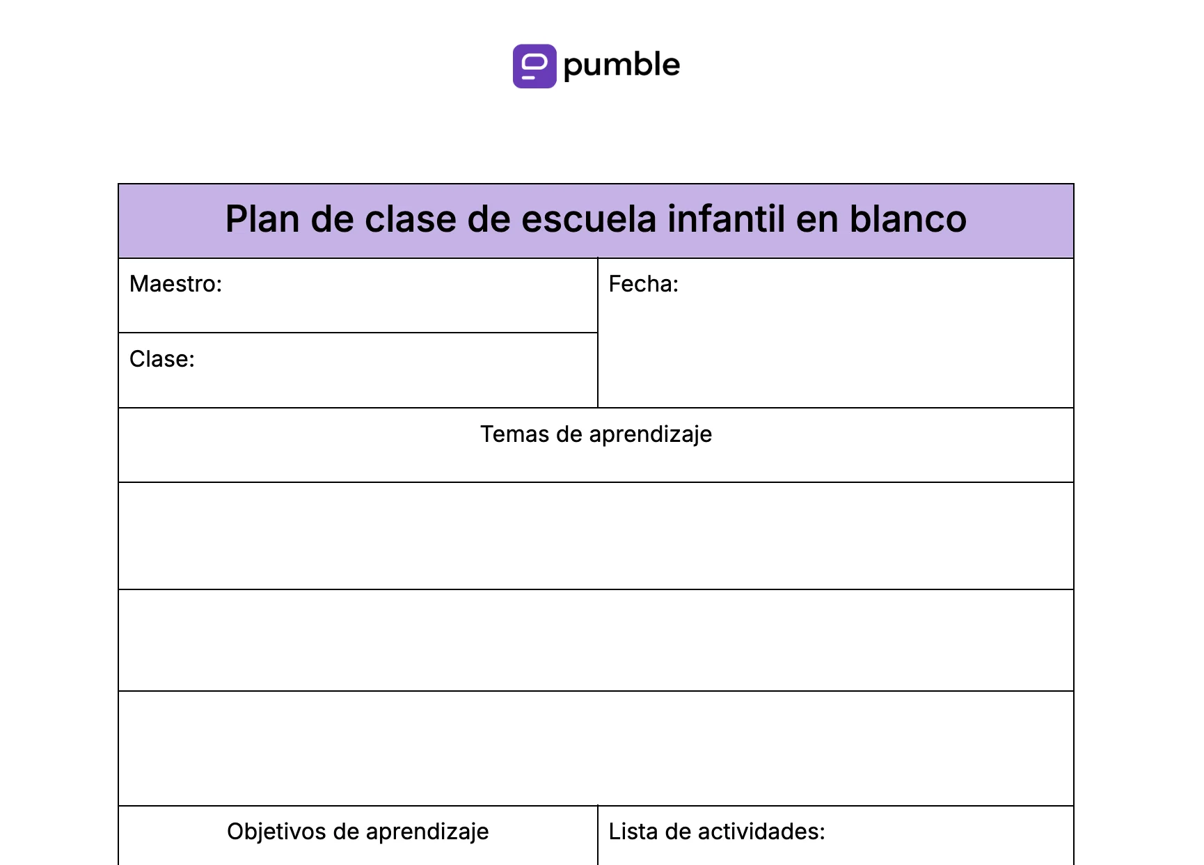 Plantilla de plan de clase de escuela infantil en blanco