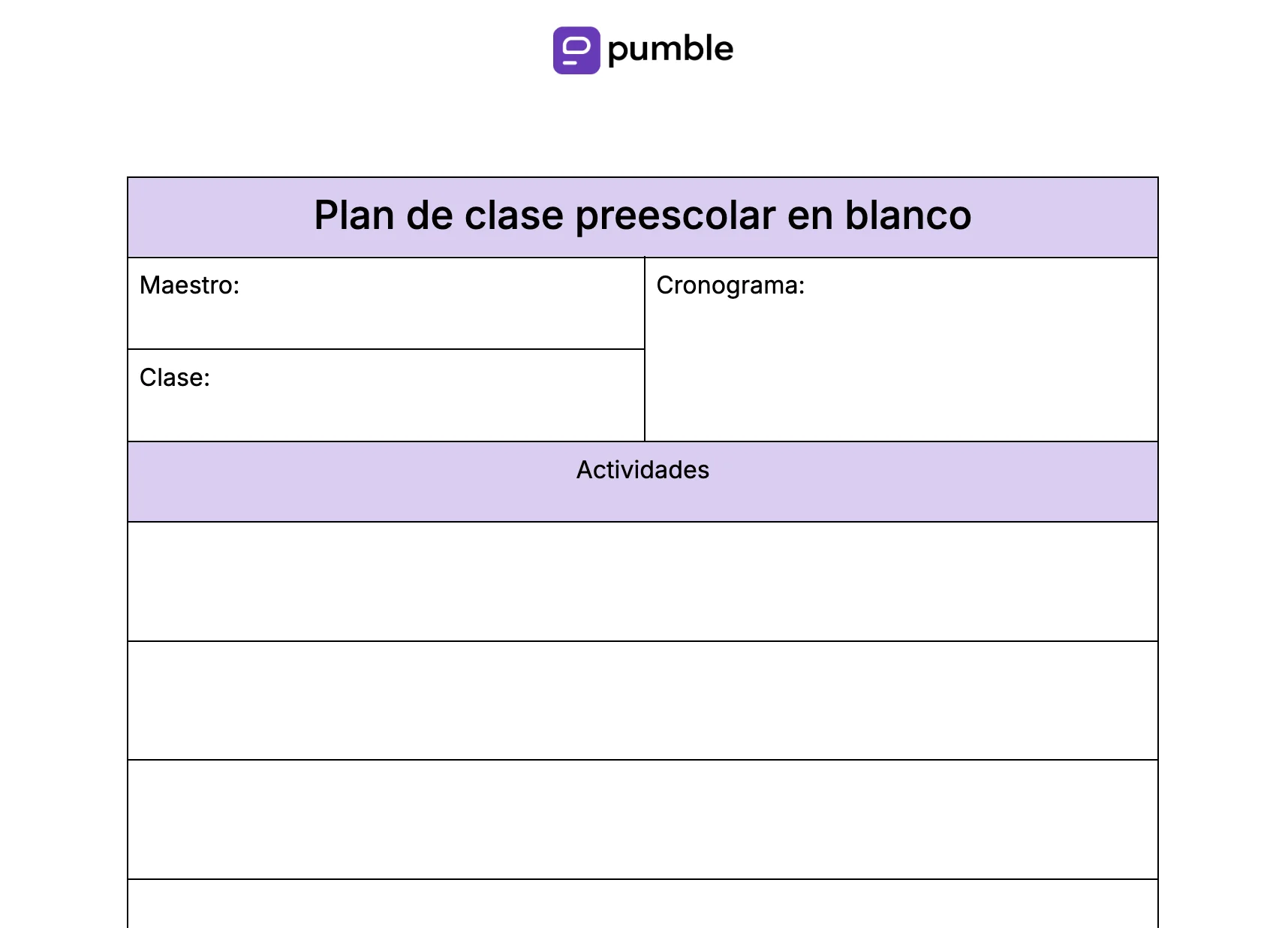 Descarga la plantilla de plan de clase preescolar en blanco
