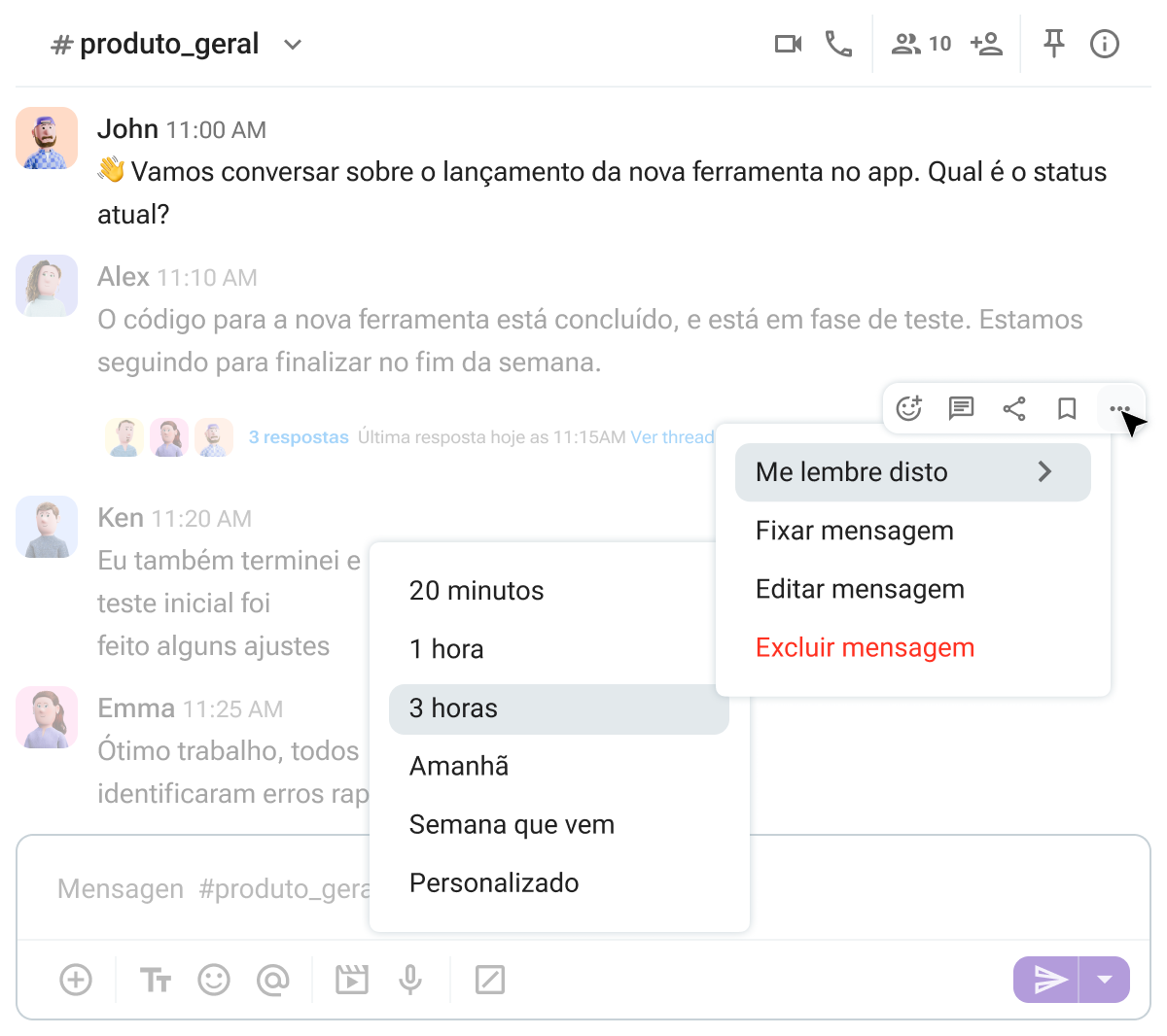 Definindo um lembrete para uma mensagem no Pumble