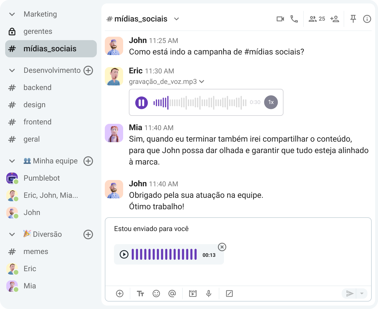 Enviar uma mensagem de voz no Pumble