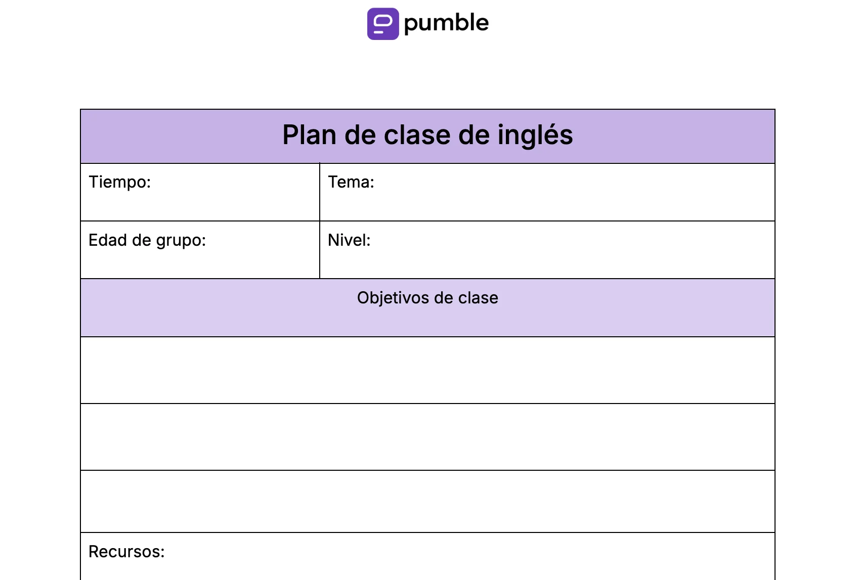 Plantilla de plan de clase de inglés