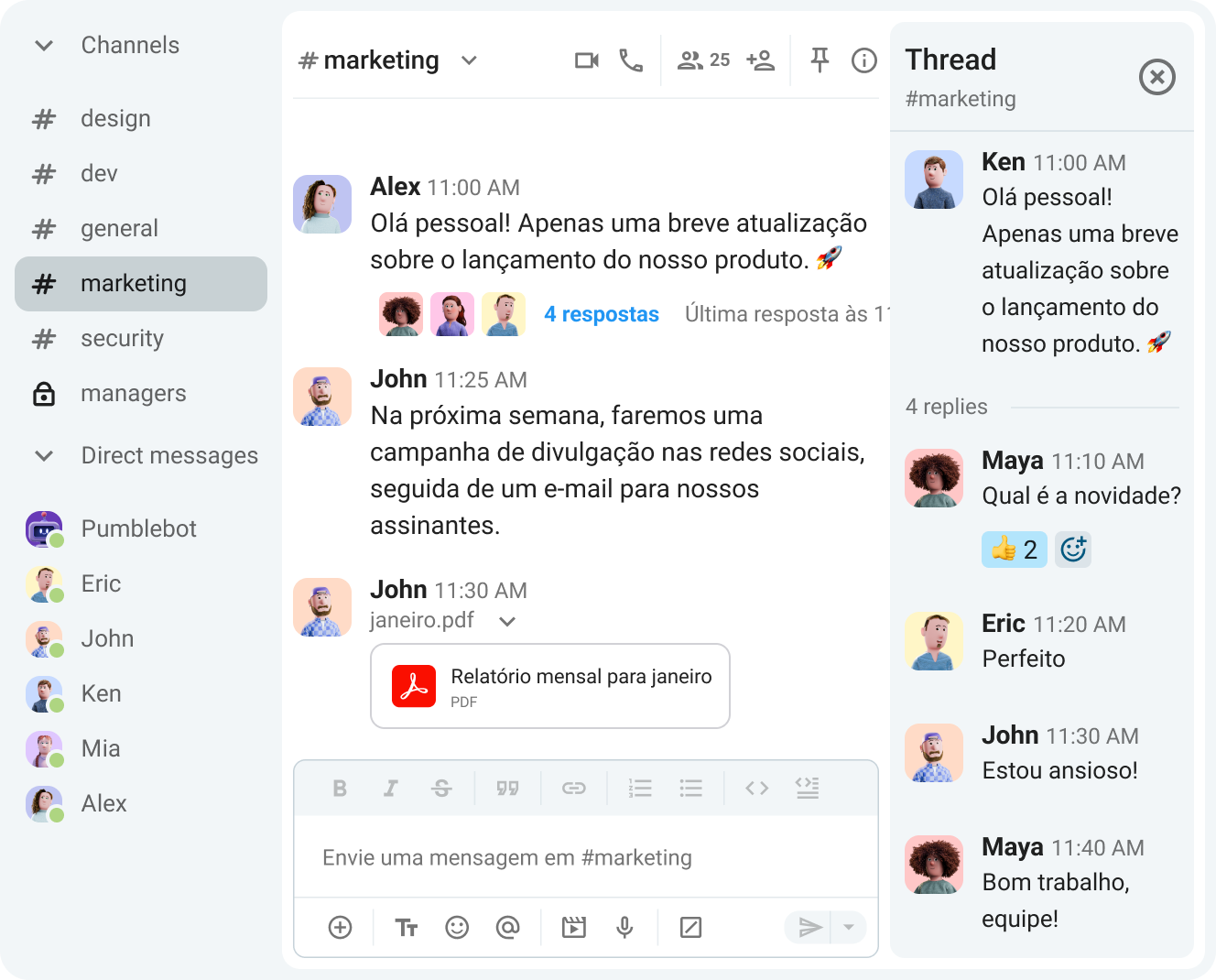Mensagens diretas e conversas no Pumble