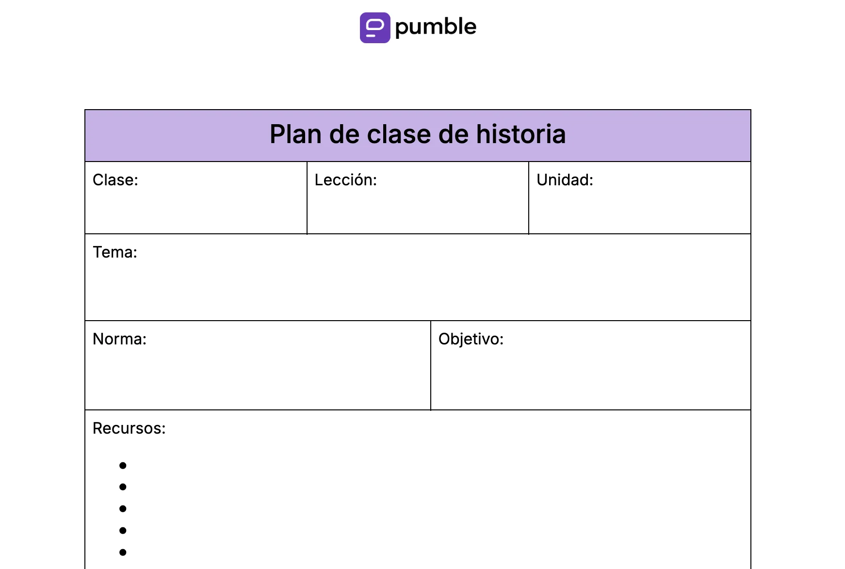Plantilla de plan de clase de historia