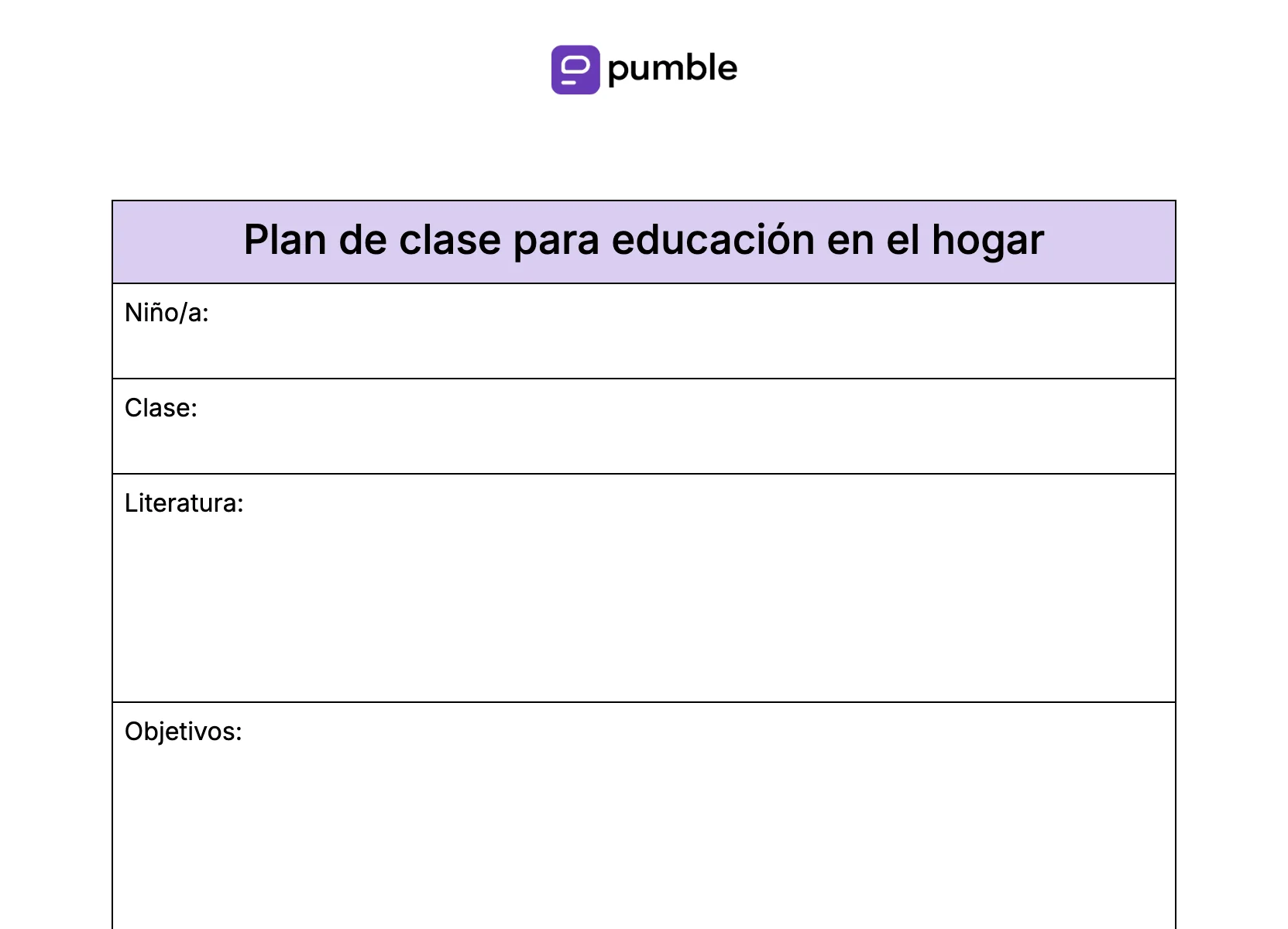 Plantilla de plan de clase para la educación en el hogar