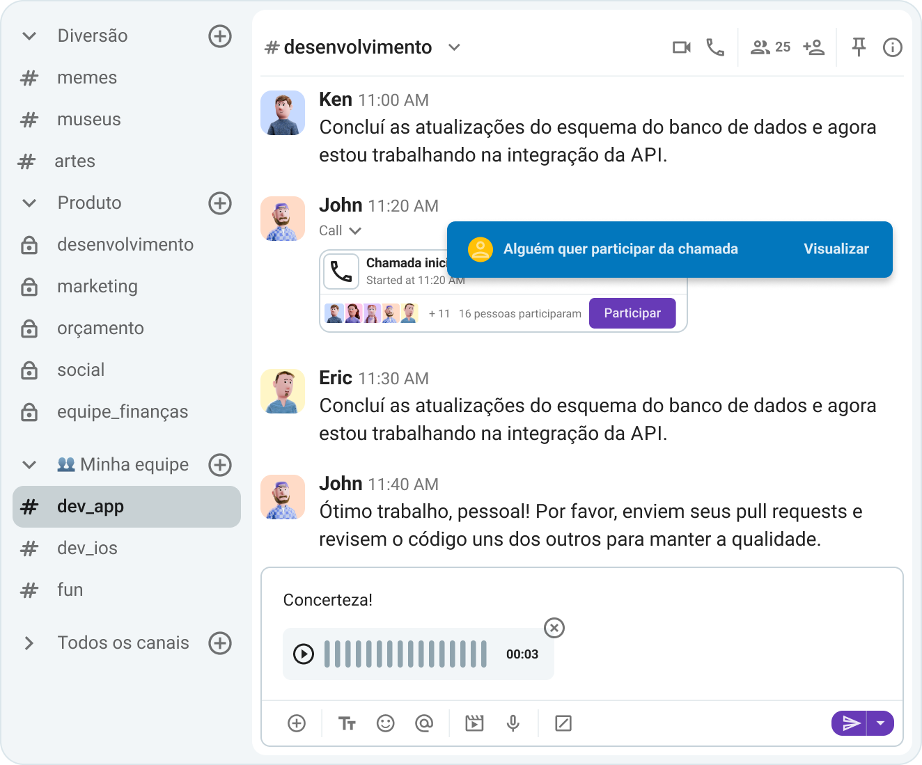 Mensagens de voz e vídeo no Pumble, o aplicativo de comunicação da equipe