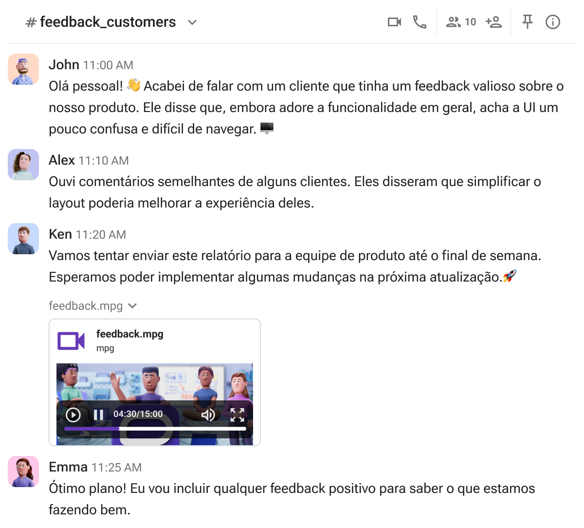 Discutindo o feedback do cliente em um canal do Pumble