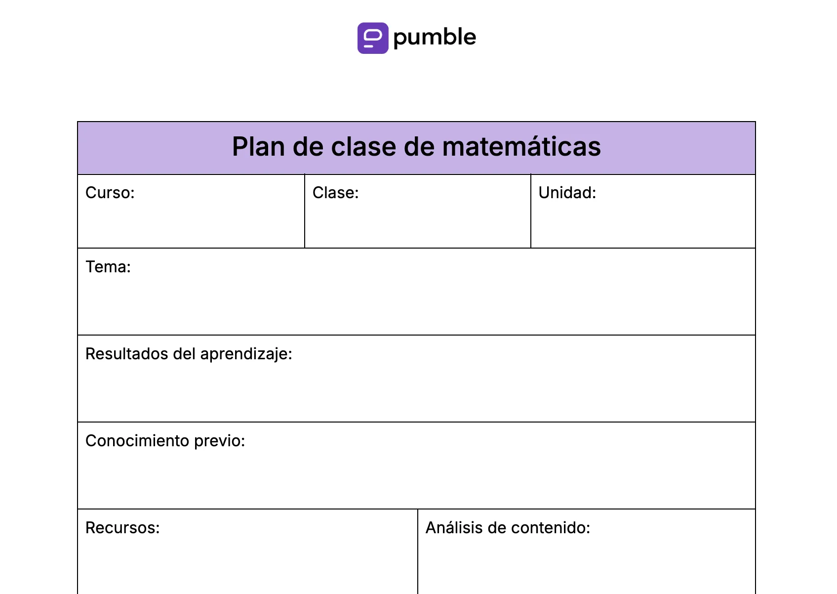 Plantilla de plan de clase de matemáticas