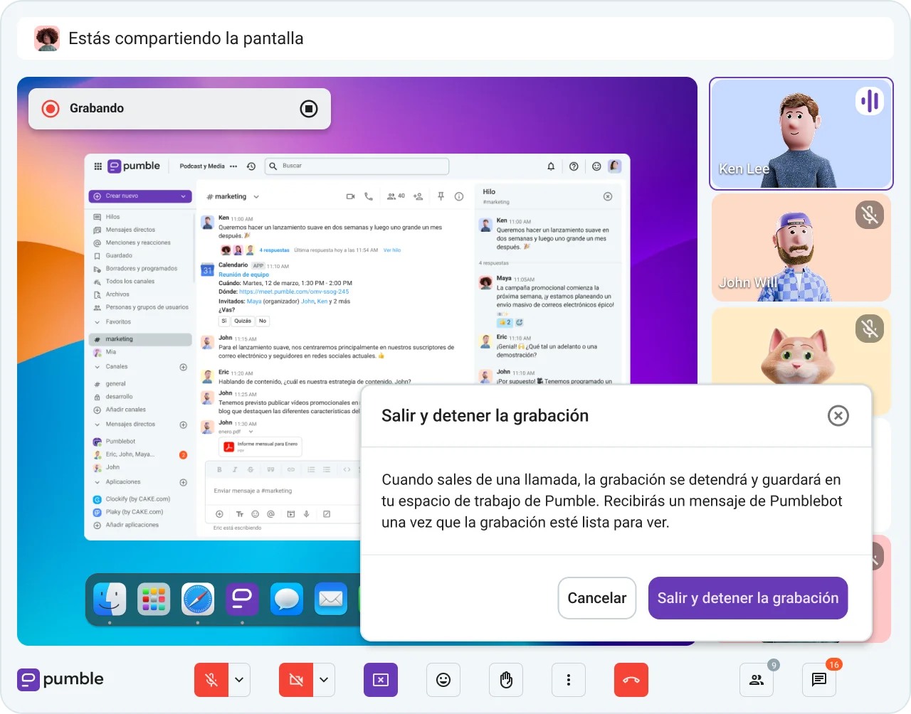 Graba tus reuniones de audio y vídeo en Pumble