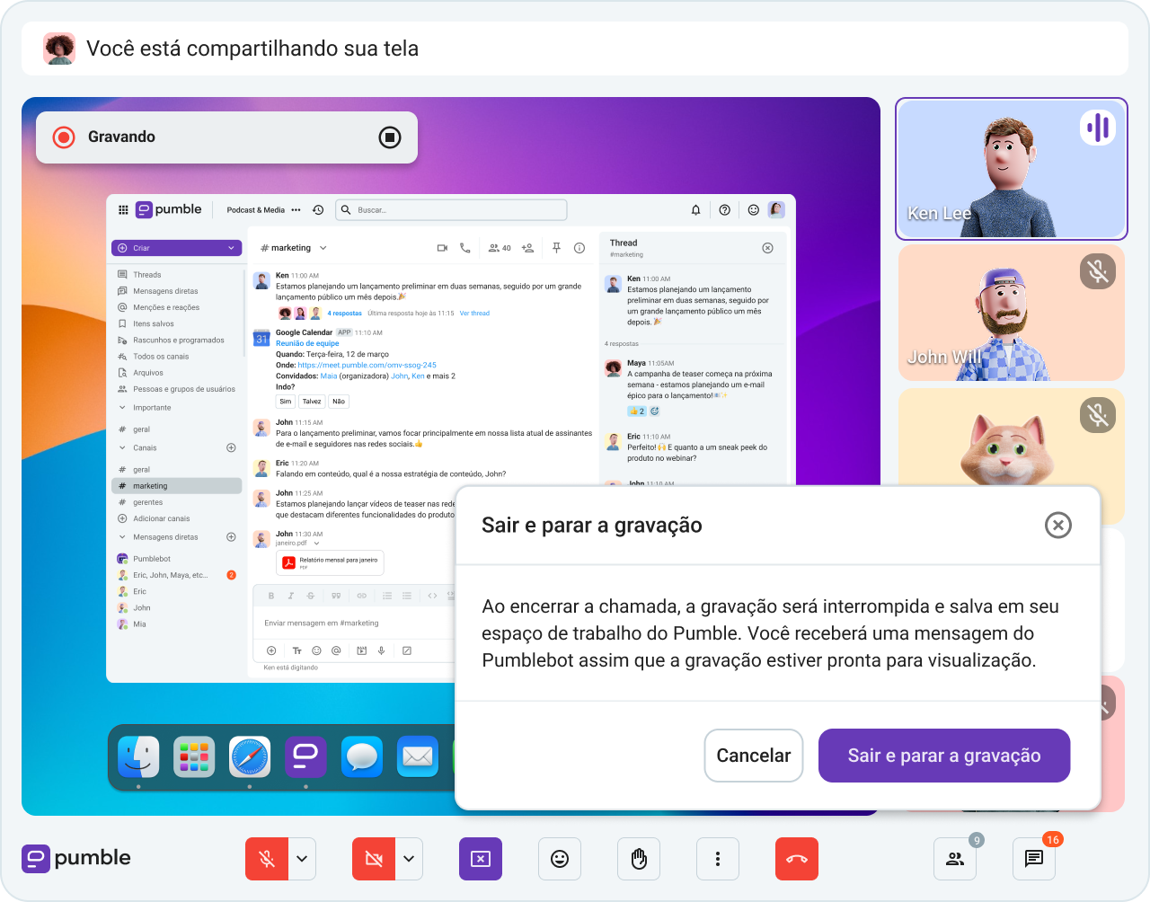 Grave suas reuniões de áudio e vídeo no Pumble.