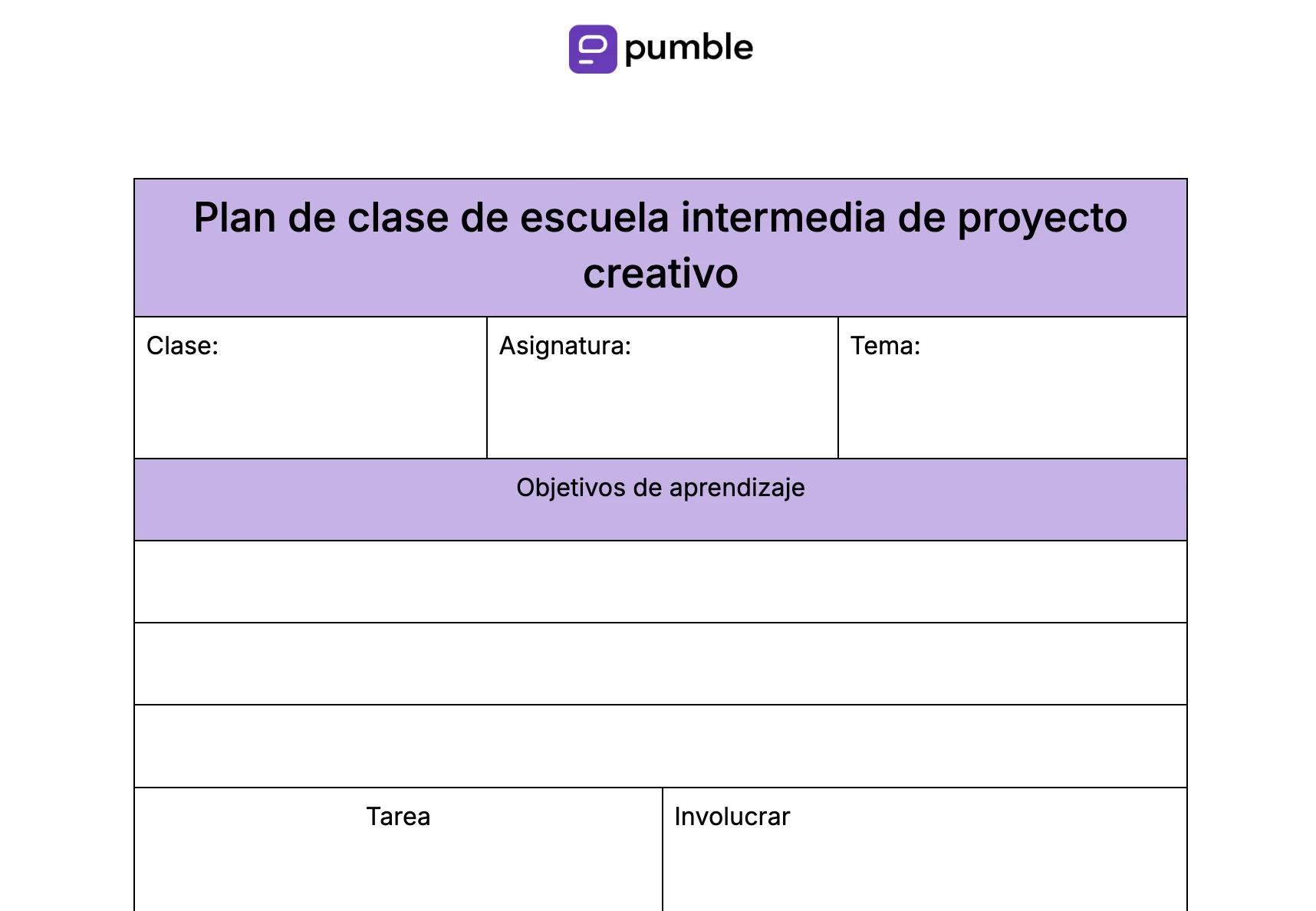 Plantilla de plan de clase de escuela intermedia de proyecto creativo