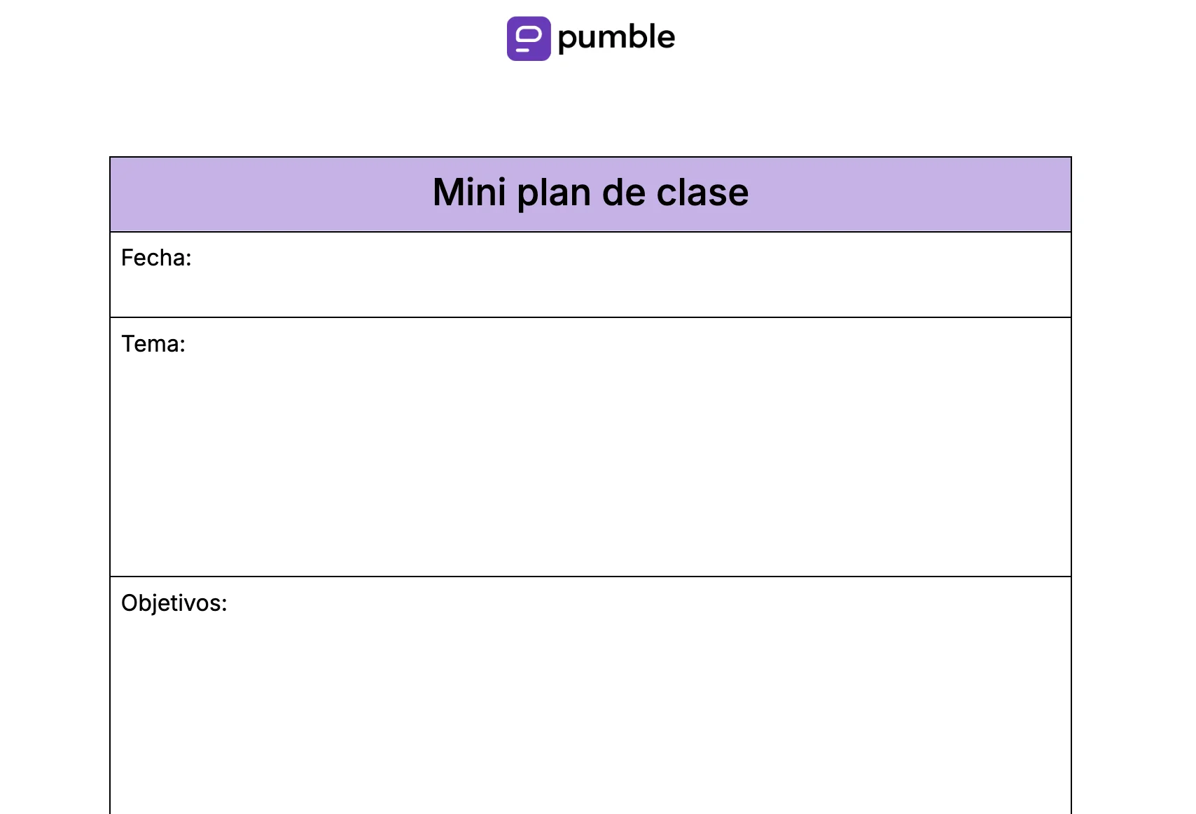 Plantilla de mini plan de clase