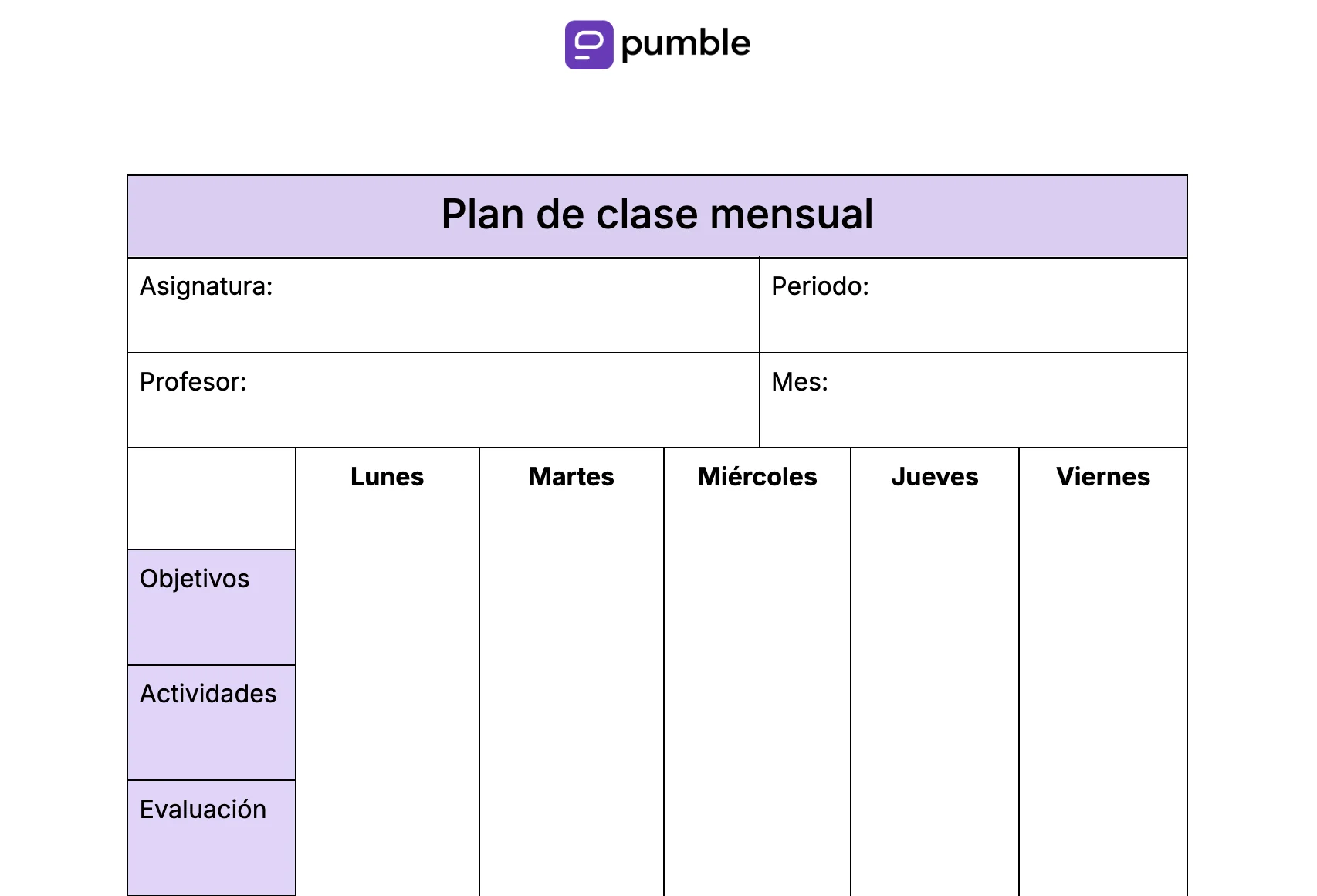 Plantilla de plan de clase mensual