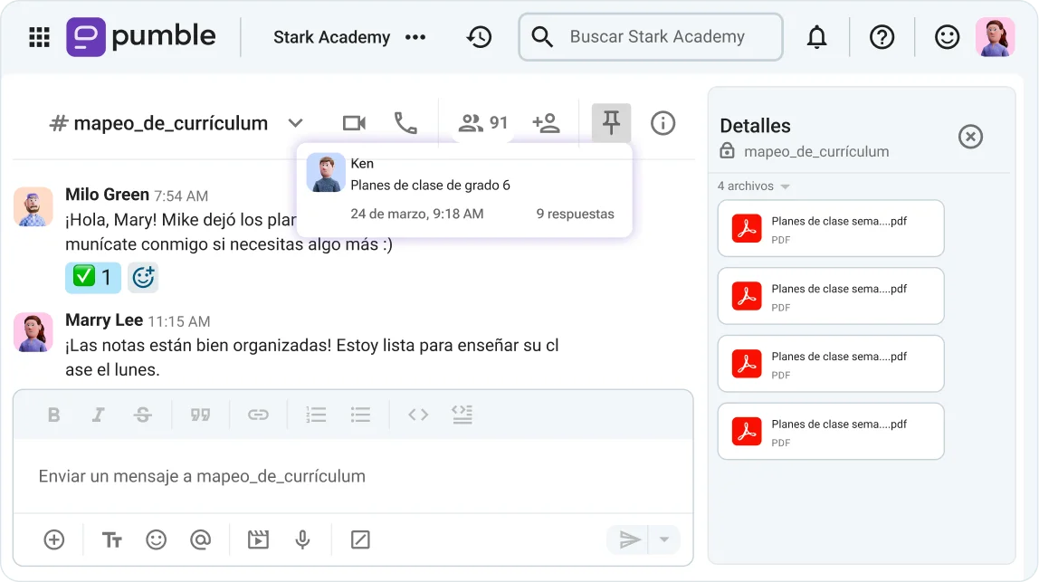 Organiza tus planes de clase por año o por asignatura en canales diseñados en Pumble