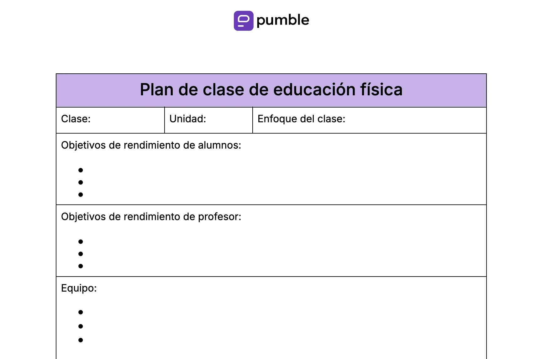 Plantilla de plan de clase de educación física