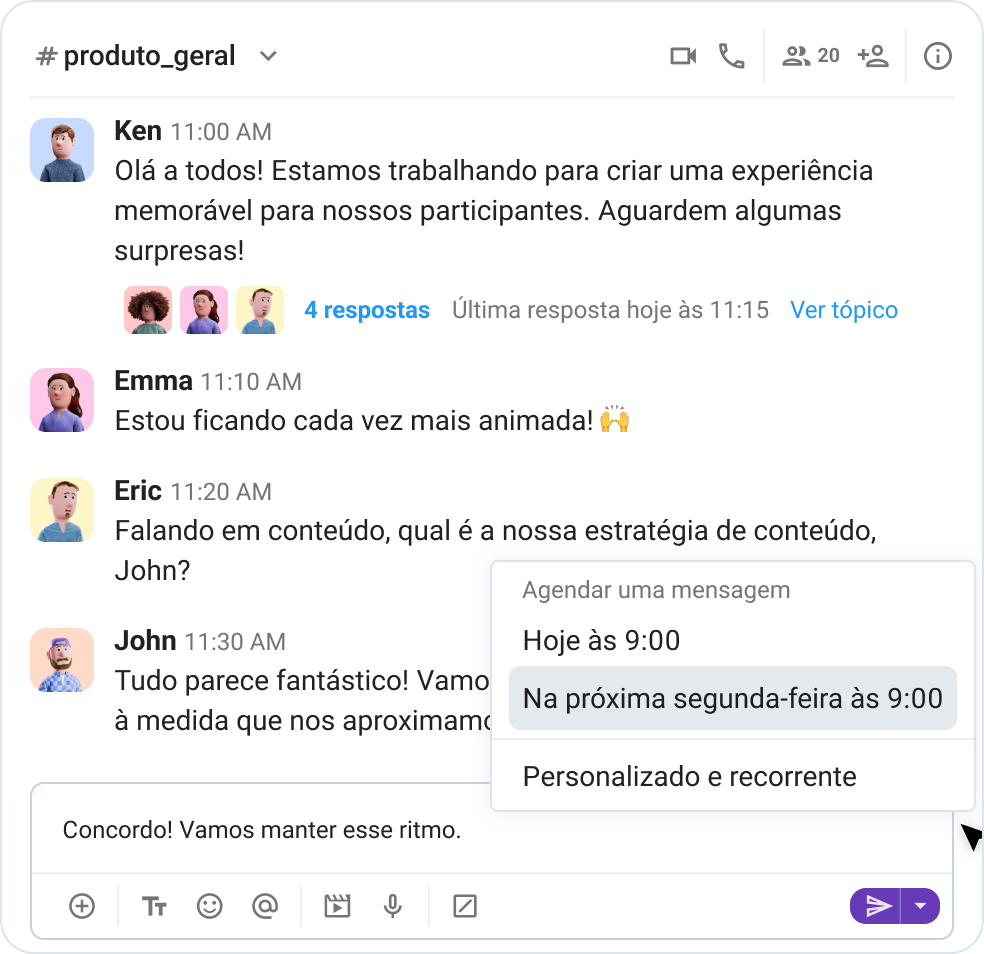 Agendando uma mensagem no Pumble 