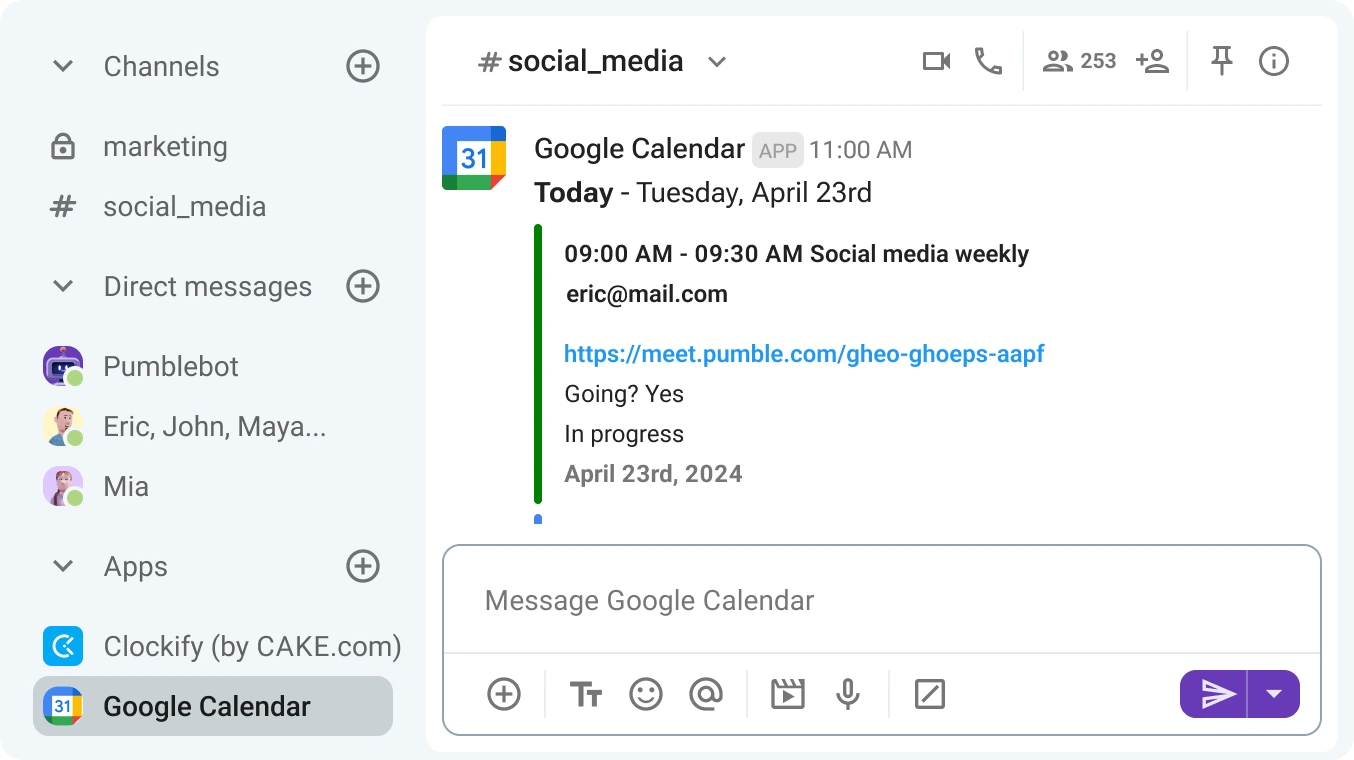 Receive Google Calendar notifications in Pumble