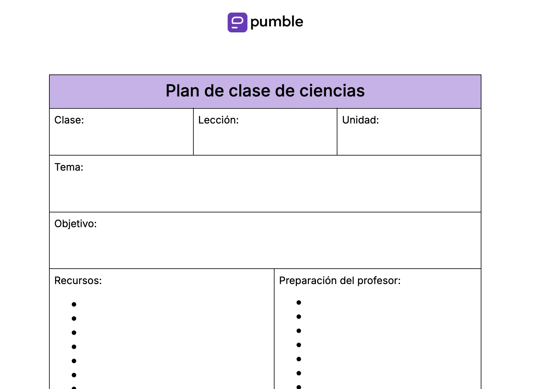 Plantilla de plan de clase de ciencias