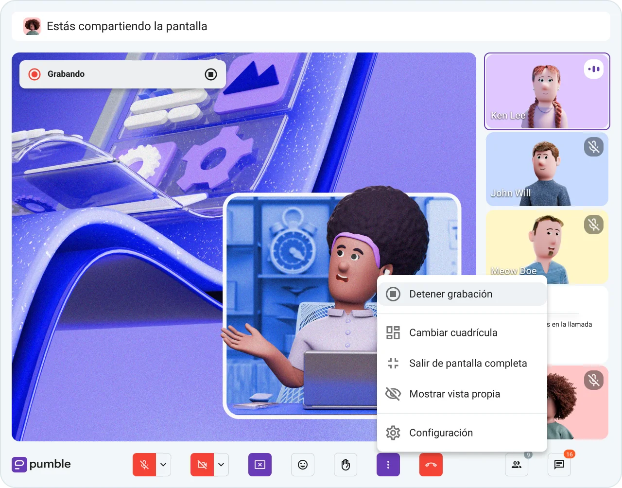 Compartir pantalla en una videollamada de Pumble