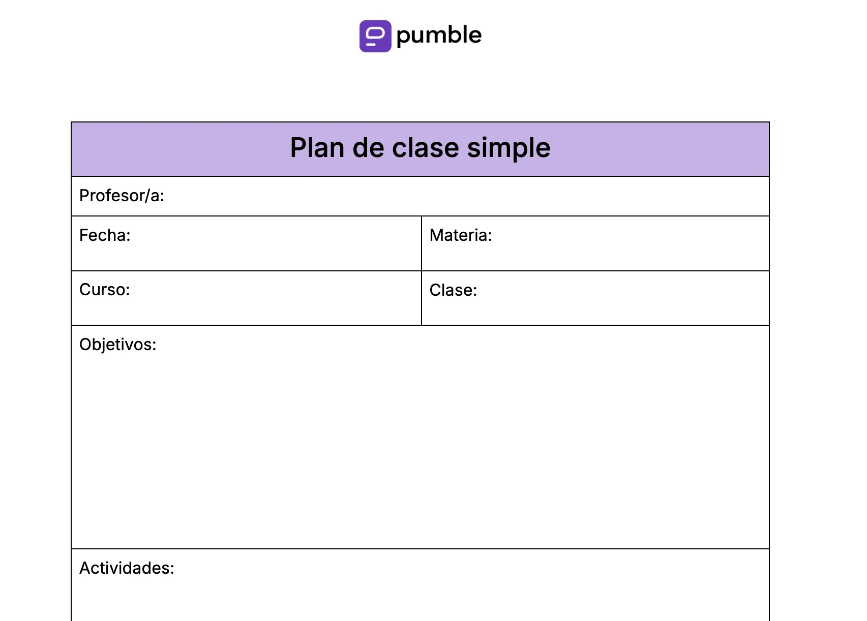 Plantilla de plan de clase simple